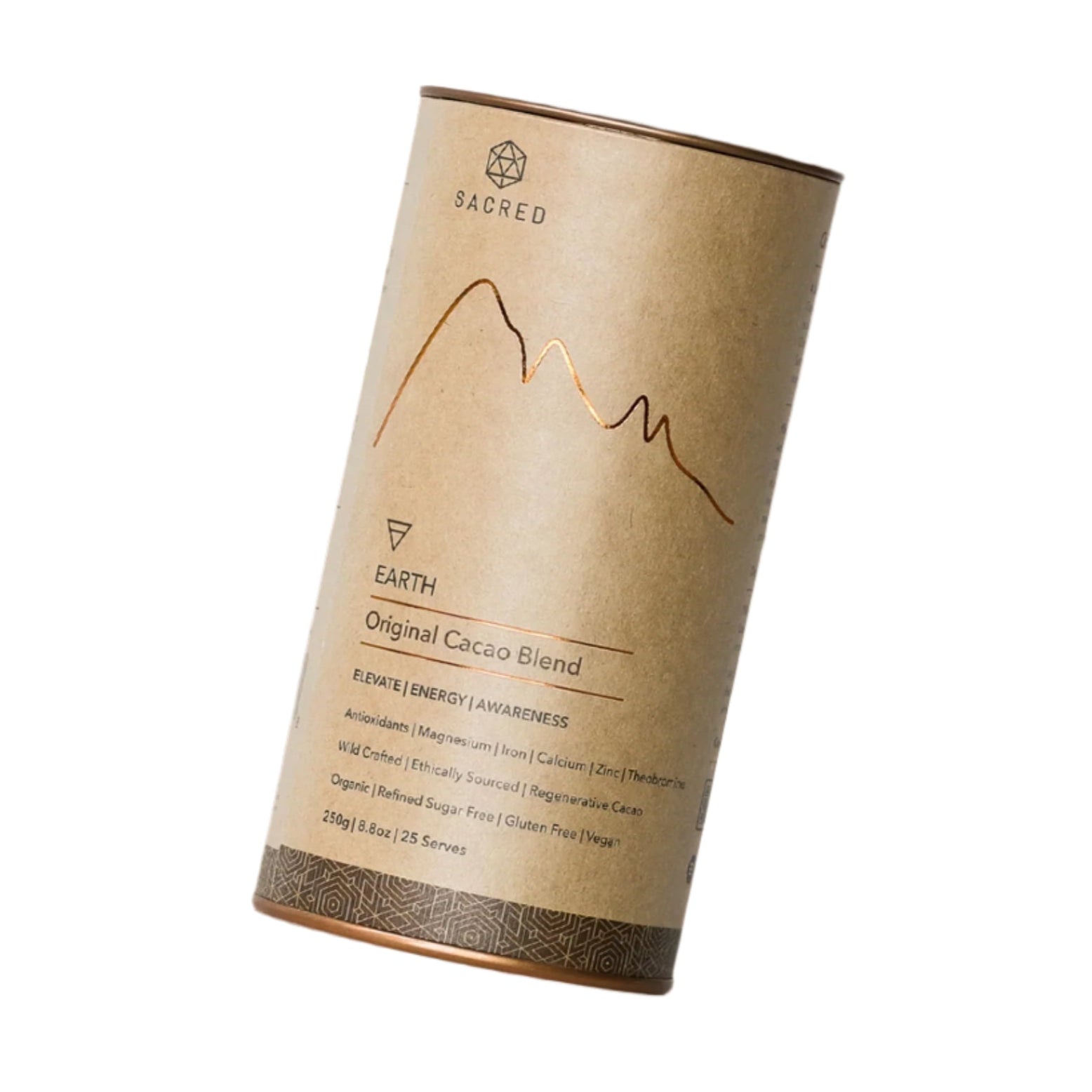 Cocoa blend packaging with mountain design on a brown background