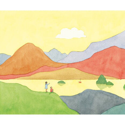 Colorful landscape with mountains and people on a hill