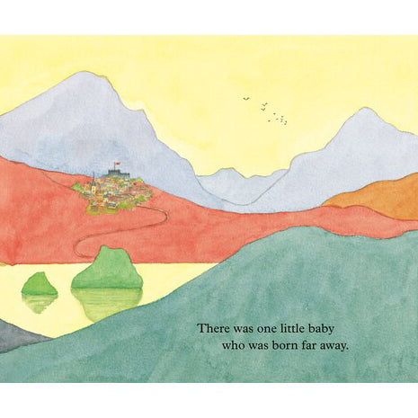 Illustration of a landscape with mountains and a village, accompanied by text.