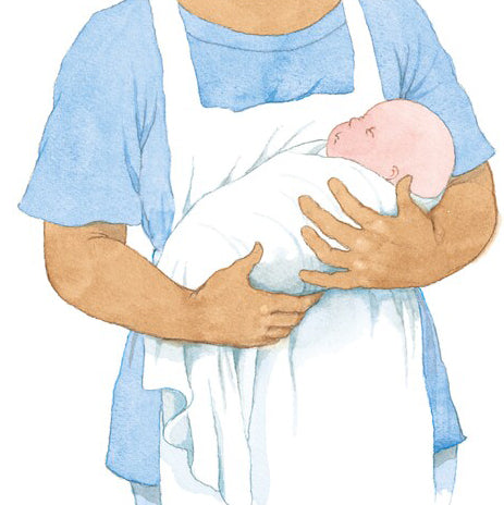 Illustration of a person holding a baby wrapped in a white blanket.