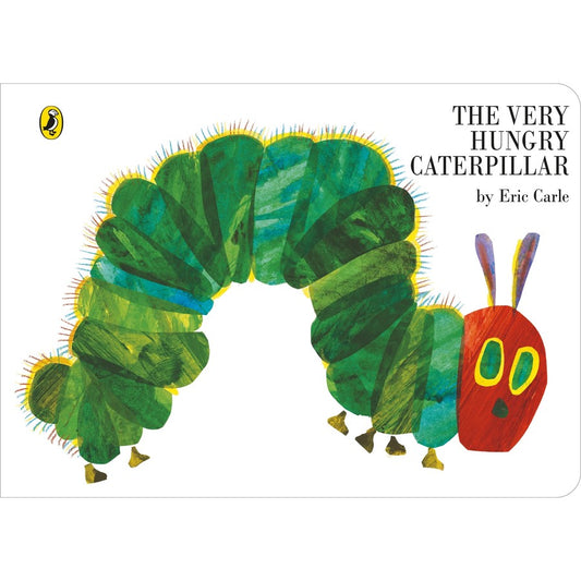 Book cover of 'The Very Hungry Caterpillar' with a green caterpillar and red butterfly on a white background.