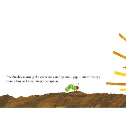 Illustration of a sun with a face rising from the ground, with text about a caterpillar.