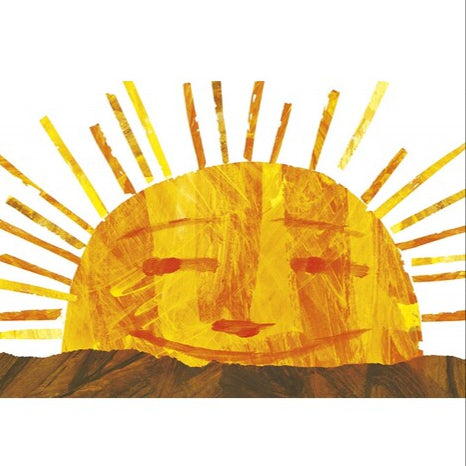 Illustration of a sun with a face rising from the ground, with a small caterpillar nearby.