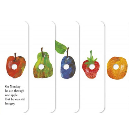 Illustration of a sun, a worm, and various fruits on a white background