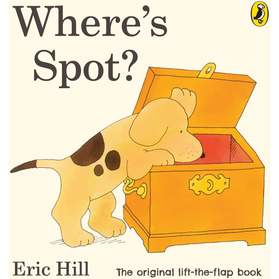 Book cover of 'Where's Spot?' by Eric Hill with a dog looking into an open treasure chest.