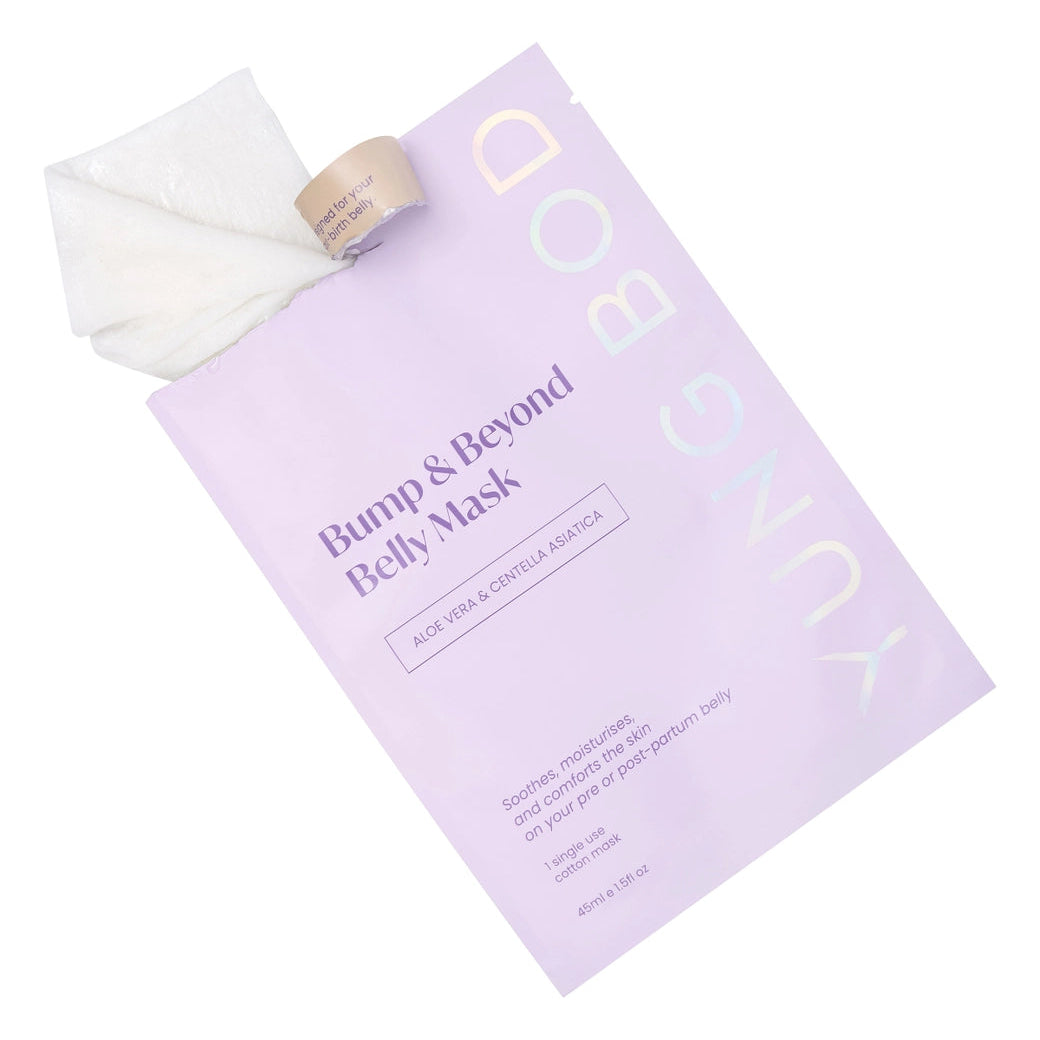 Purple belly mask packaging with a white cloth on a white background