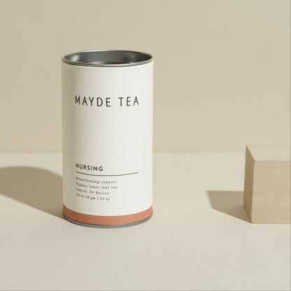 Mayde Tea canister on a beige background