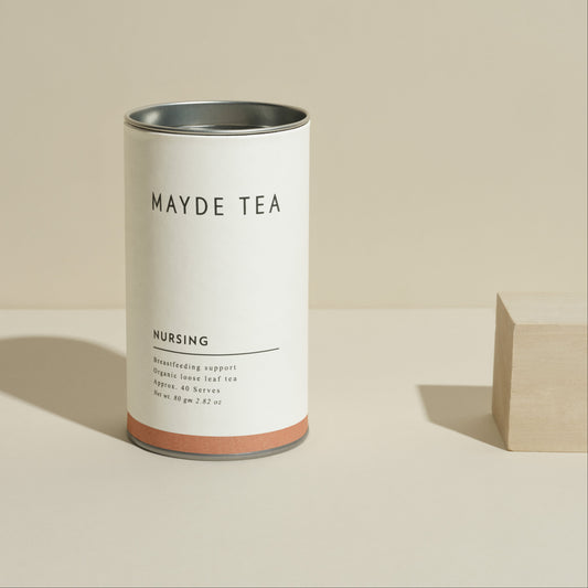 Mayde Tea canister on a beige background