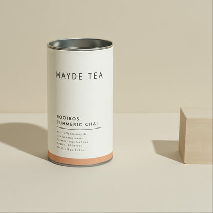 Mayde Tea canister on a beige background
