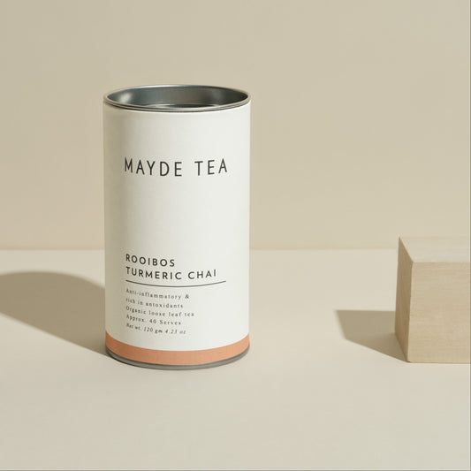 Mayde Tea canister on a beige background